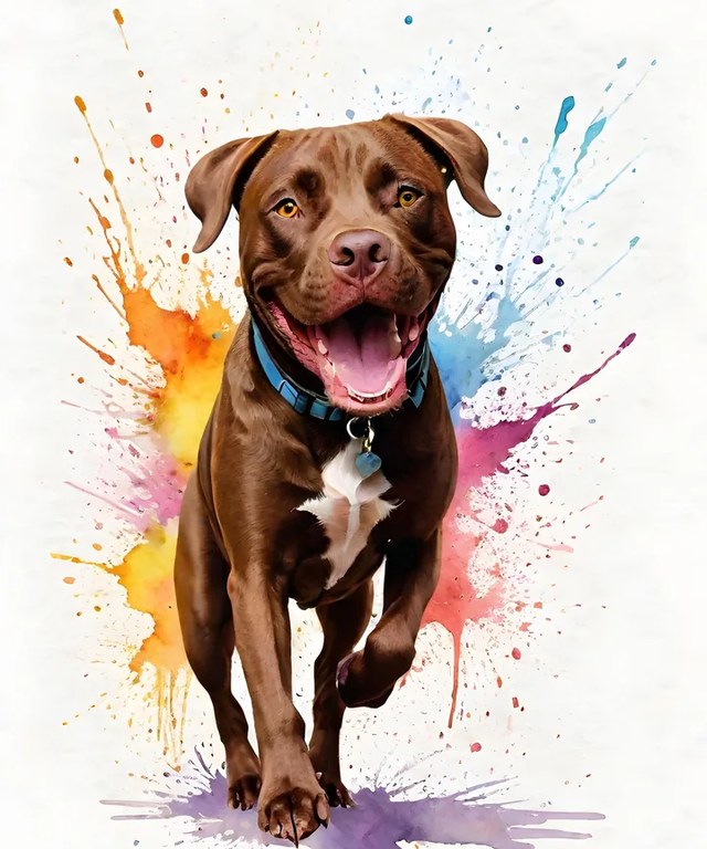 Watercolour of the chocolate dog bounding forward through rainbow paint splashes